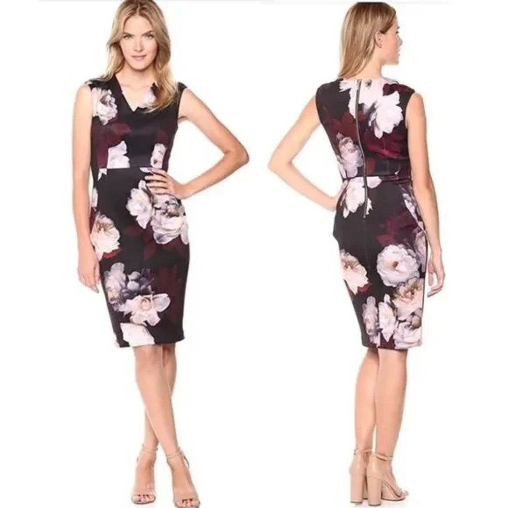 Calvin Klein Sleeveless V-Neck Sheath Scuba Dress, Black/Burgundy Floral, 14 - Picture 7 of 7